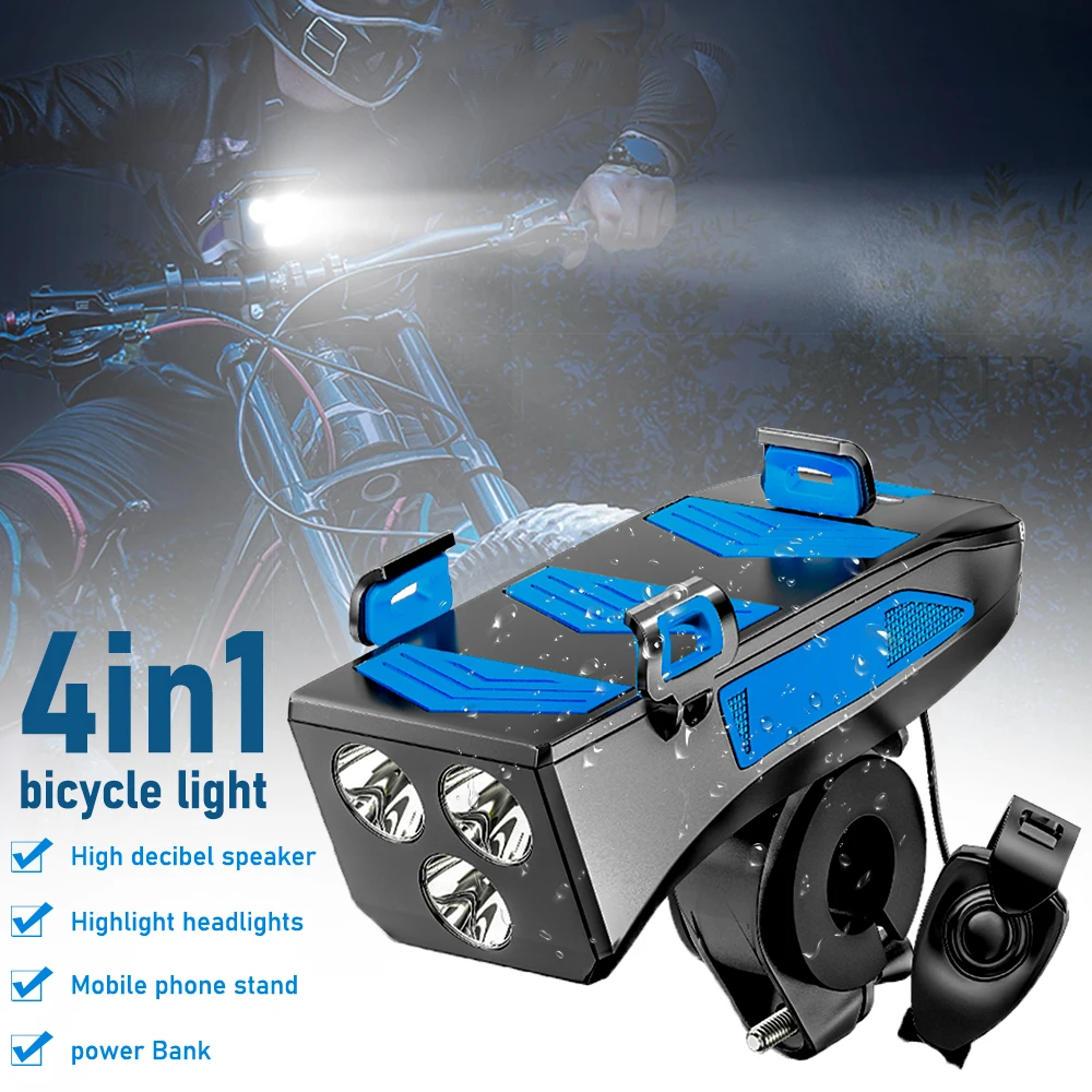

4 in 1 Waterproof 4000mA Bicycle Lamp Bicycle Phone Holder Light Cycling Horn Led Light Power Bank Phone Bracket Rechargeable