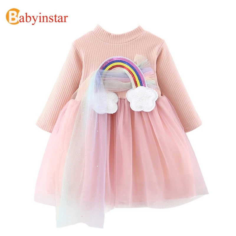 Babyinstar/Детские платья с длинными рукавами для девочек; праздничный костюм принцессы из сетчатой ткани с блестками и радугой; детское платье на день рождения
