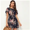 SHEIN темно-синее платье с цветочным принтом, рукав-лепесток, туника с поясом, женское летнее платье с коротким рукавом, прямые богемные короткие платья
