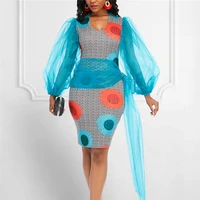 women floral print dress v neck patchwork long mesh sleeve slim dresses sexy bodycon mini elegant plus size 2021 female fashion