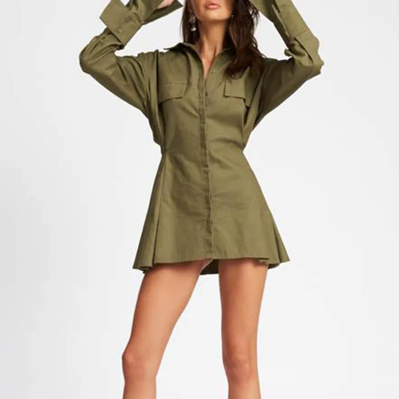 

Женское Повседневное платье-рубашка, модельное платье болотного/белого/черного цвета с отложным воротником и длинным рукавом, весна 2020