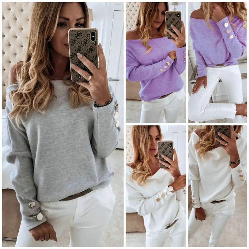 Женская Свободная блузка с открытыми плечами и длинным рукавом однотонная