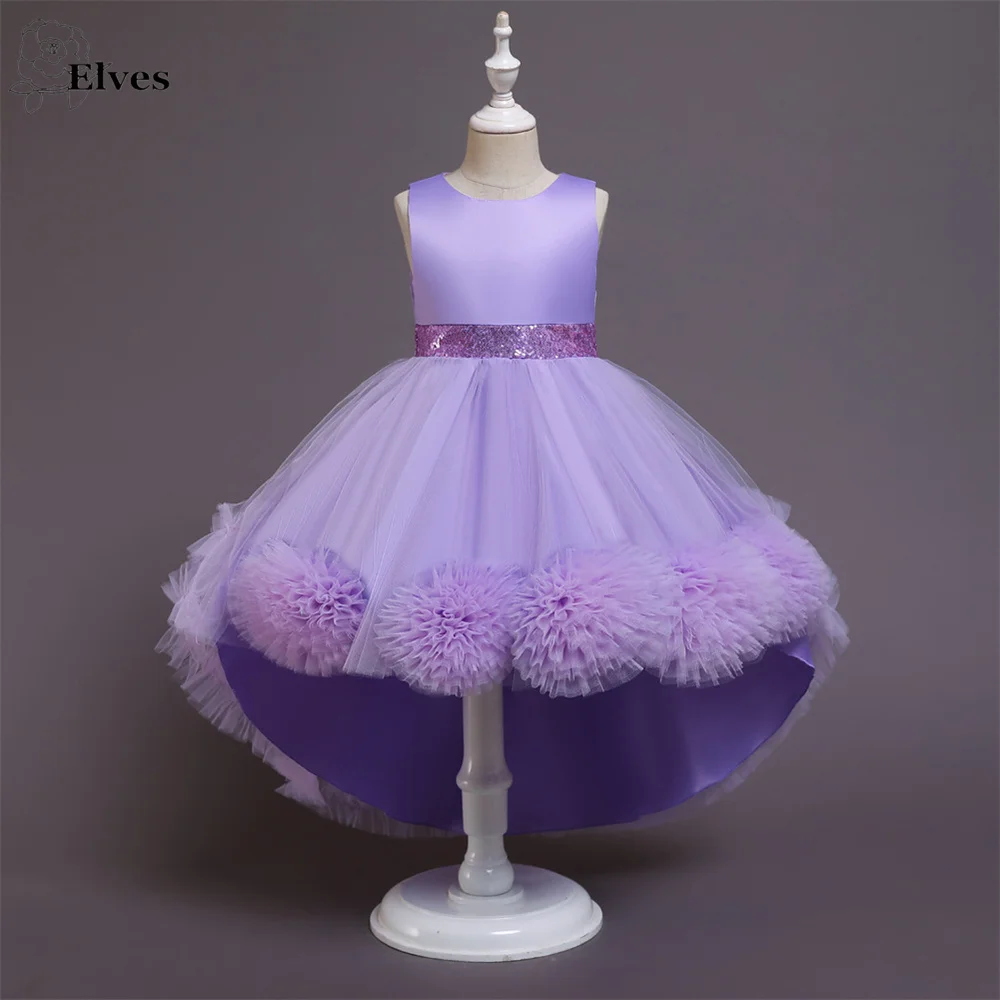 

Платье принцессы сиреневое с блестками, бальное платье с цветочным принтом для девочек, с бантом, рукавом-бабочкой и круглым вырезом, для го...