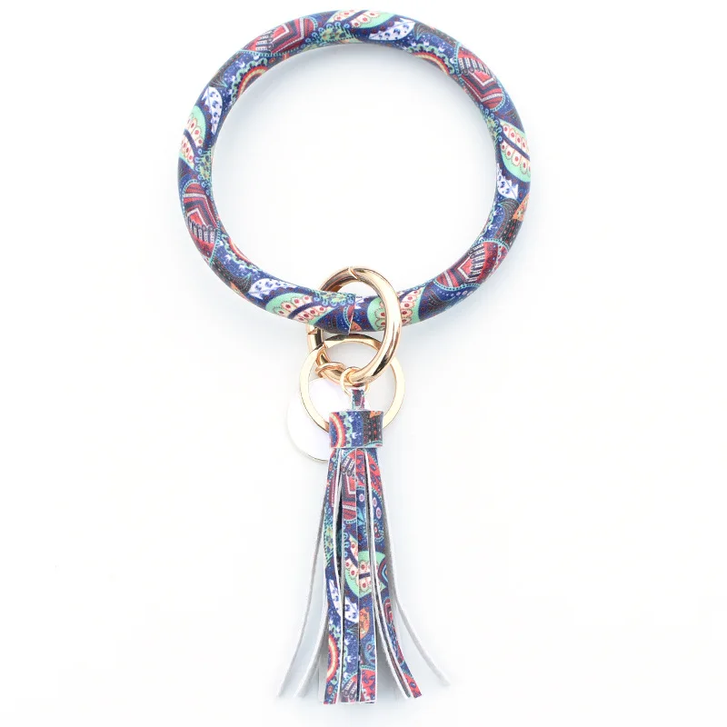 

PU Leather Creative Bracelet Keychain for Women Fashion Floral Leopard Wristlet Keychain Tassel Bangle Keychain Accessories Gift