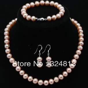 

Genuine AAA Cultured Freshwater 7-8mm ROUND pink Pearl Necklace set