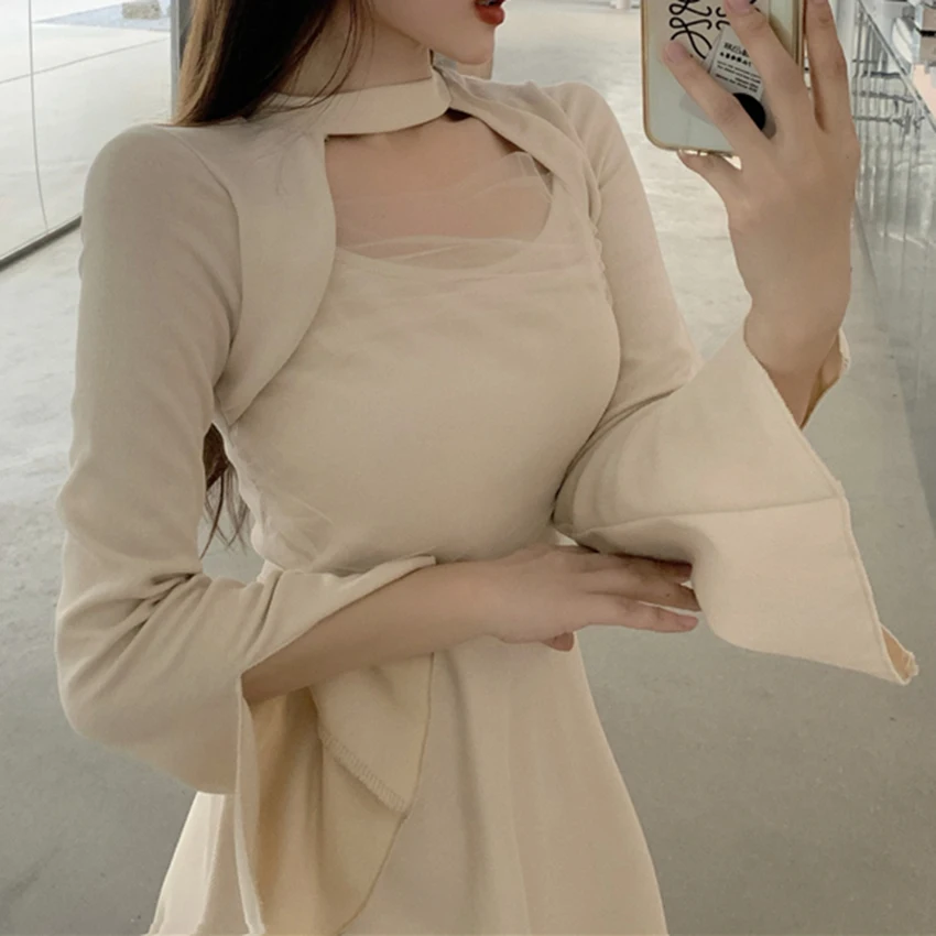 

Mini Sexy Dress Women 2021 Spring Korea Gently Chic Design Feeling Net Yarn Splicing Clavicle Waist Hollow Out Black Apricot