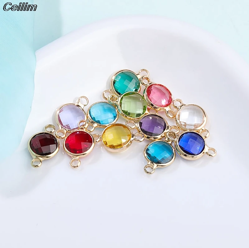 

10pcs Gold Color Round Birthstone Charms Connectors 8mmx14mm Acrylic Double Charms For Diy Bracelet Making Accessories Findings