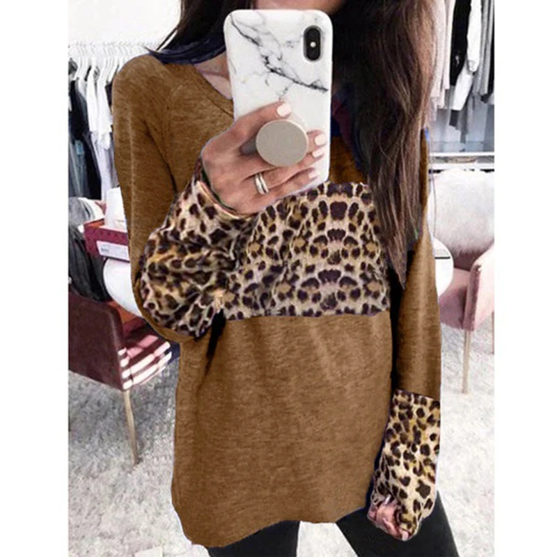 

Leopard Print Patchwork Women Autumn O Neck Long Sleeve T-shirt Femme Casual Loose Streetwear Plus Size S-5XL Tops Tee SJ6489R