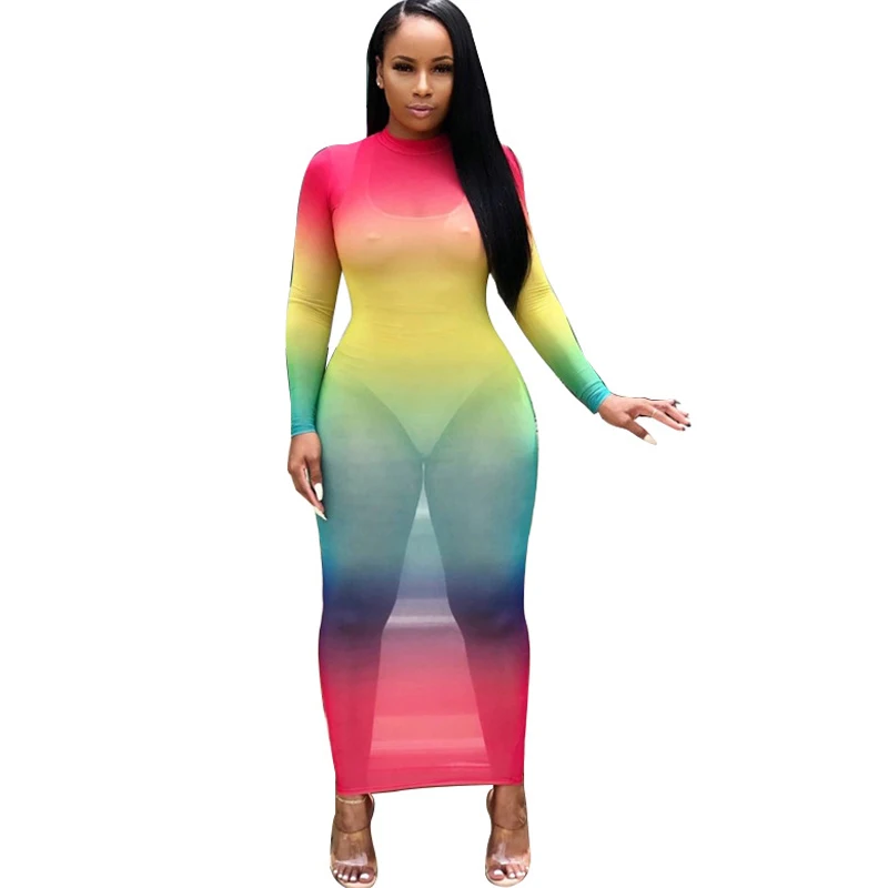 

Europe and America gradient color perspective sexy dress 2019 autumn and winter new women's hot sale dress club party dress