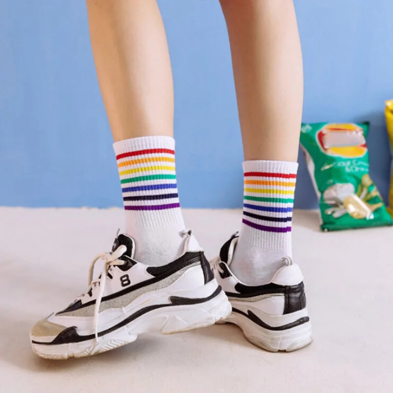 

Winter Women's Socks Cotton Rainbow Stripes Socks Christmas Fashion Warm Christmas Casual Tide Socks Harajuku Korean