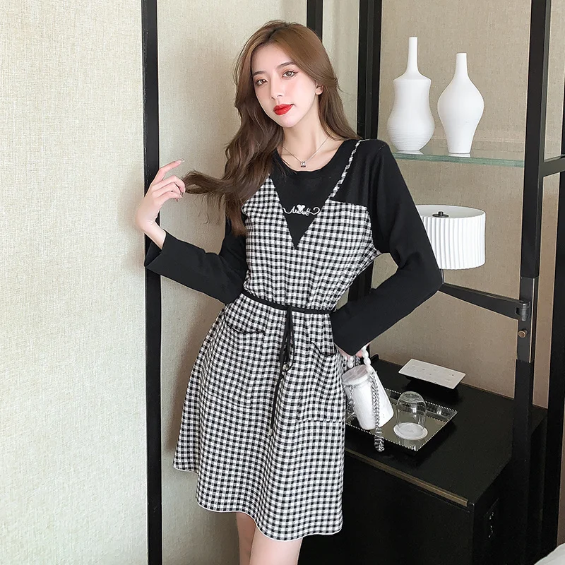 

CMAZ 2021 Autumn and Winter New Dress Women's Color Matching Houndstooth Fake Two-Piece Loose Long Sleeve Knitted Sweater Skirt