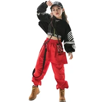 hot hip hop clothing girls jazz dance costume long sleeve black tops red cargo pants kids hip hop performance wear rave clothes