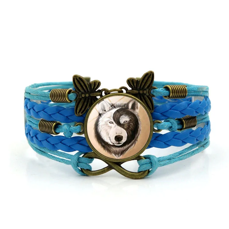 

Yin Yang Tai Chi wolf head symbol bracelet, glass cabochon woven leather bracelet, Valentine's Day gift for men and women