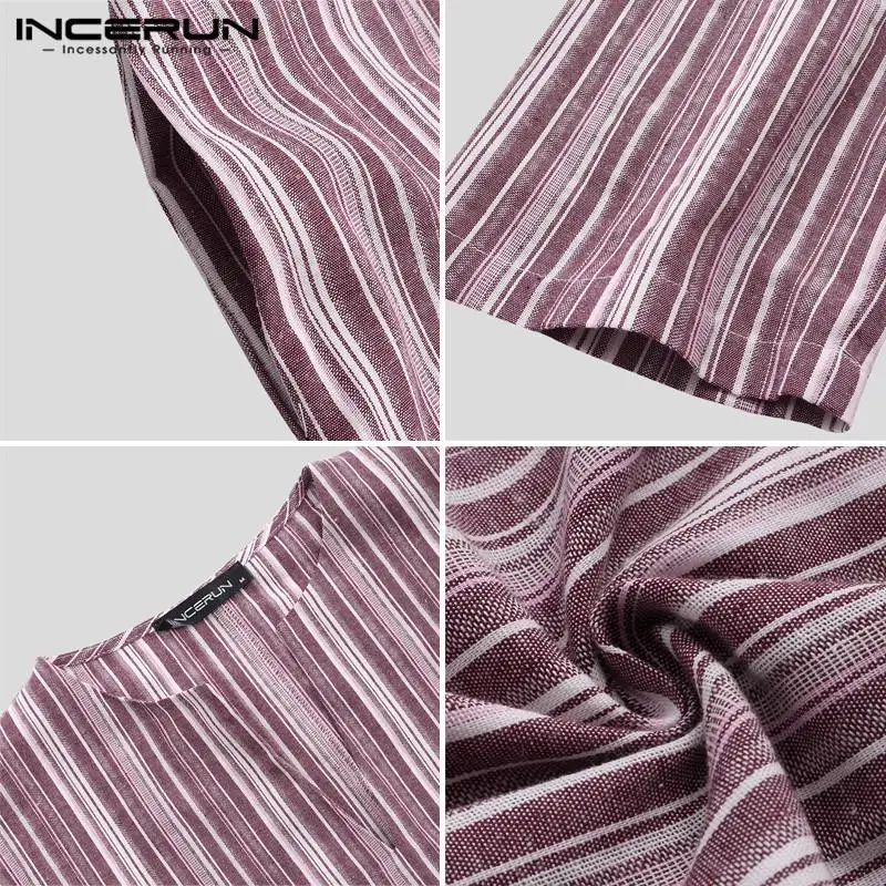 

INCERUN Men Islamic Kaftan Striped Long Sleeve V Neck Vintage Jubba Thobe Robes Saudi Arabia Dubai Men Muslim Clothes Abaya 2021