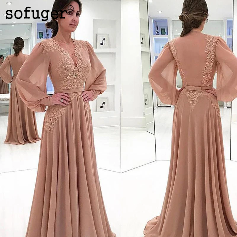 Шампанское Champion Elegant Muslim Evening Dresses A-line Long Sleeves Chiffon Lace Sash Dubai Saudi Arabic Long Evening Party Prom Gown - Цвет: Шампанское