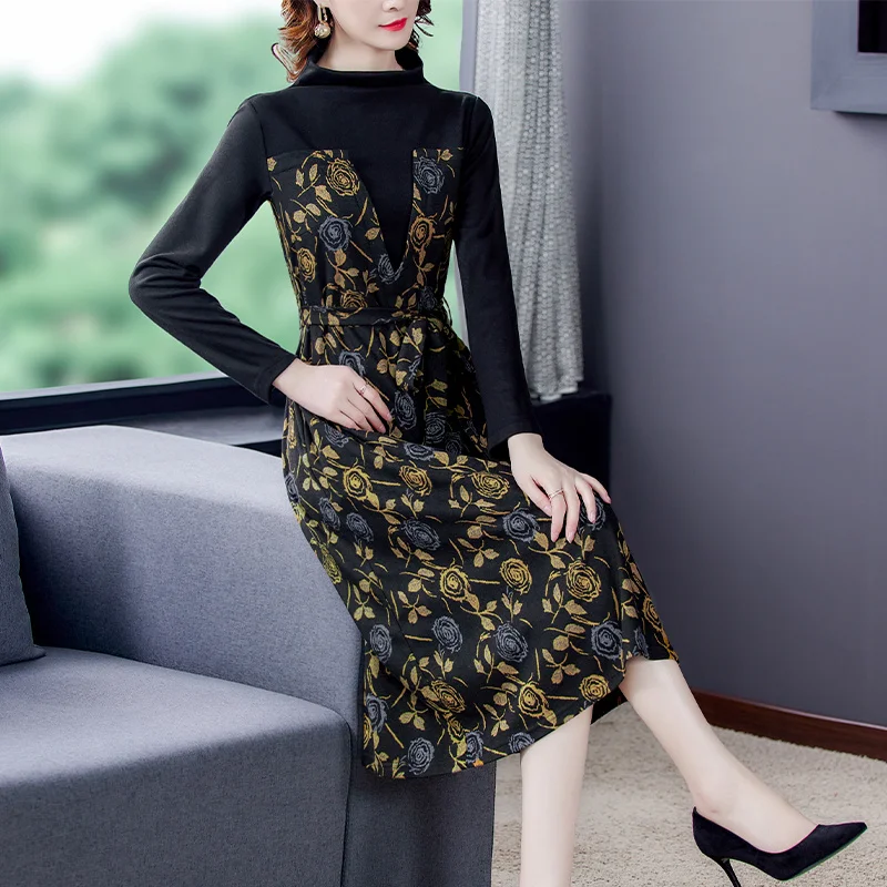 

Vintage Floral Dress Female 2021 High-End Printing Long Sleeve Fashion Mid-Waist Hedging Polyester A-Line Patchwork Dress L26