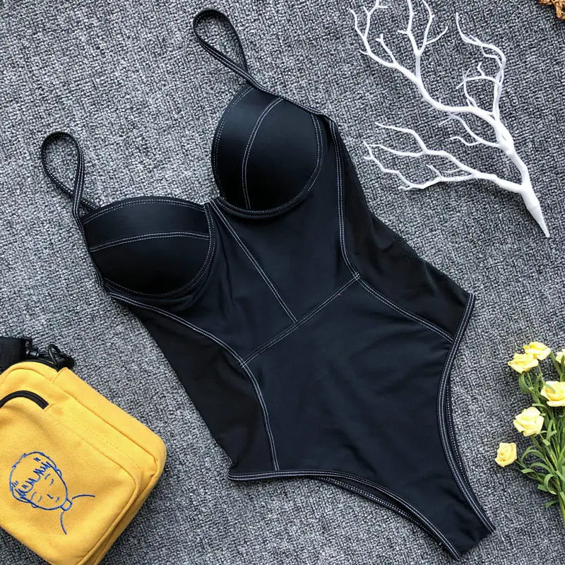 

2021 Push Up Women One Piece Swimsuit Solid Female Sexy Mesh Patchwork Backless Thong Swimwear Women Monokini Beachwear