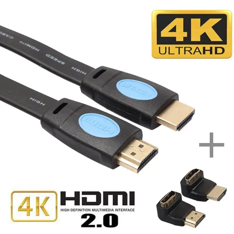 HDMI 2,0 Кабельное Аудио Видео кабель 3 м/5 м/10 м проводной шнур высокого Скорость 4K x 2K плоский кабель HDMI кабель со штыревыми соединителями на обоих концах для подключения+ 90/270 градусов адаптер