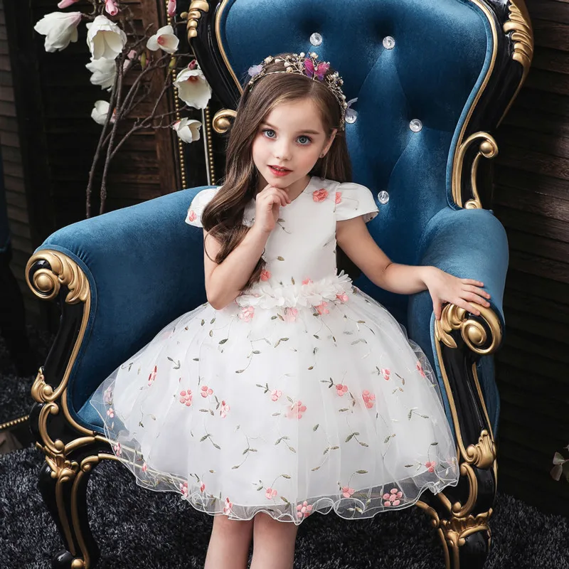 2019 Autumn New Baby Girl Dress Soild Embroidered Full Party Princess Screen Yarn Banquet Clothing 0-5 Year Wear | Детская одежда и
