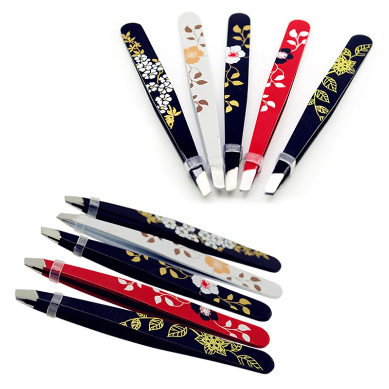 

Flower Printed Stainless Steel Eyebrow Tweezer Professional Stainless Steel Slant Tip Eyebrow Tweezer Hair Removal Makeup Tools