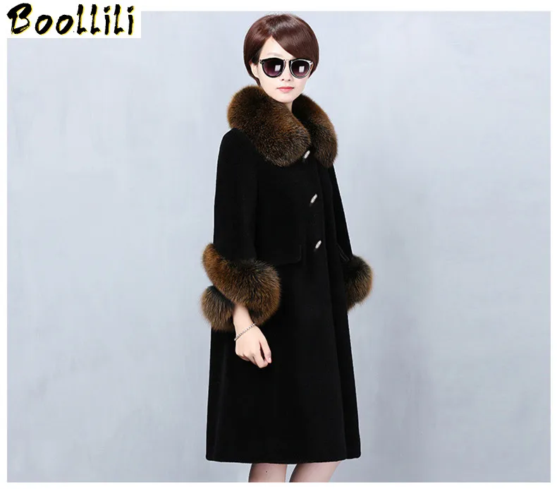

Real Fur Boollili Coat Winter Jacket Women Clothes 2023 Sheep Shearling 100% Wool Coat Female Fox Fur Collar Long Jackets