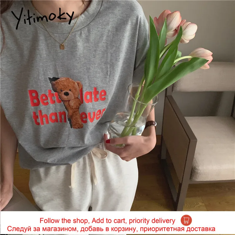 

Yitimoky Casual Woman Tshirts O-Neck Short Sleeve Fashion Letter Animal Print Loose Pullover Simple Tops 2021 Summer Korean New