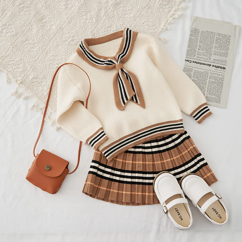 

Girls Winter Clothes Set Long Sleeve Sweater Shirt Skirt 2 Pcs Clothing Suit Bow Baby Outfits for Kids Girls Clothes