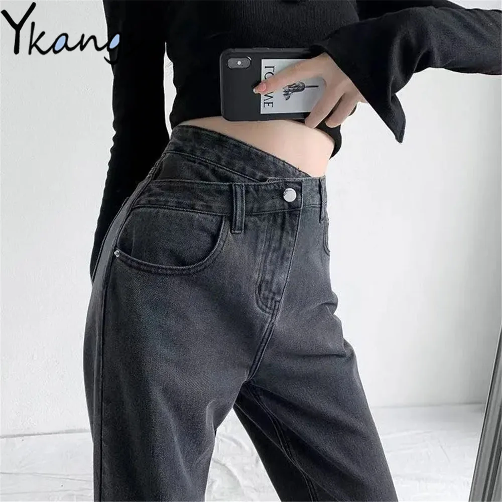 

Jeans Women Inclined Waist Design Buttons Wide Leg Denim Pants Trendy Harajuku Sexy Black Blue Desigual Trouser Loose Streetwear