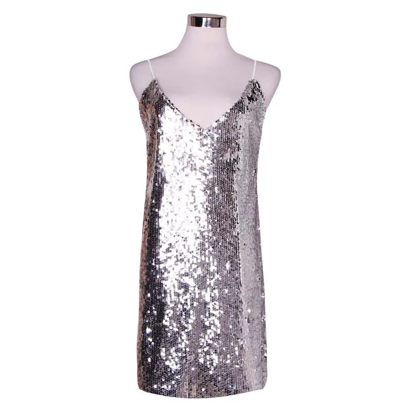 

AL 2021 Summer New Deep V-Neck Fashion Trend Silver Sequins Splicing Back Sexy Shoulder Mini Evening Club Slim Dress Female