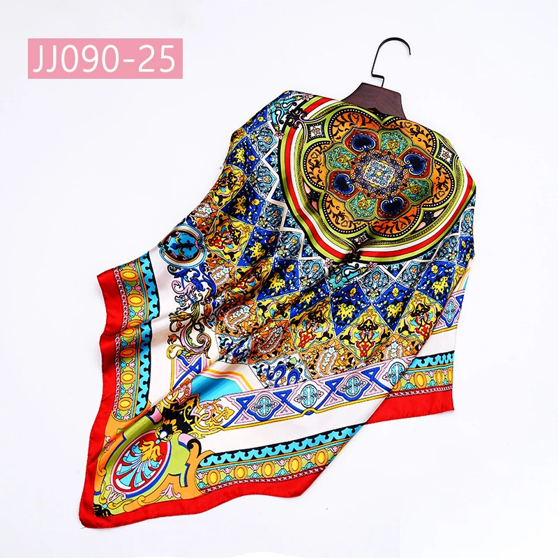JJ090-25 90*90 см квадратный шарф для женщин, подходит ко всему, элегантные цветочные шарфы для волос, Женская бандана, весна-осень, атласные шелковые шарфы, шаль - Цвет: JJ090-25