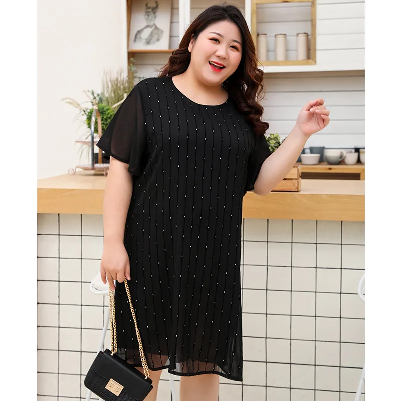 

Summer New 2020 Women Age reduction Chiffon Round Neck Stitching Dress Plus Size Casual Loose Short Sleeve Out Black Vestidos