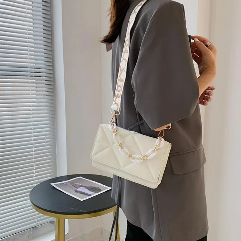 new wide strap shoulder bag solid square crossbody bags for women fashion design handbags chain female cross body free global shipping