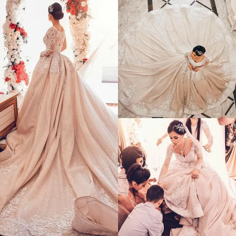 

2020 Junoesque Sequined Princess Arabic Dubai Wedding Dresses V Neck Long Sleeve Lace Appliques Long Train Castle Wedding Gown