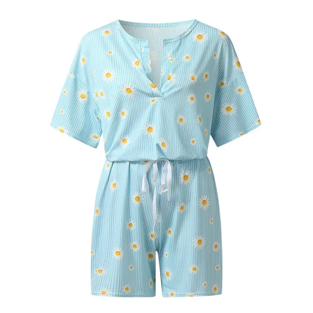 

2021 Fashion Women Cotton Daisy Print Pajamas Set Short Sleeve Tracksuit Two Piece Set Nightwear Tops Shorts Sleepwear Set