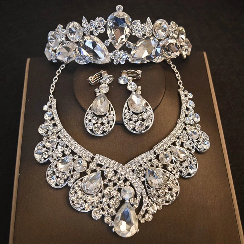 

Personality temperament large crystal bridal tiara flower wedding hair accessory crown necklace earrings three-piece set