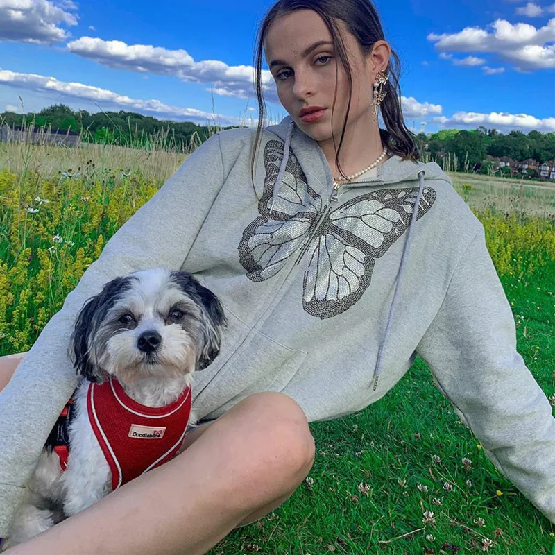 ZZSYKD Women Hip Hop Streetwear Hoodies Jacket Butterfly Print Sweatshirt Coat Harajuku Y2k Clothes Punk Zipper Hooded Outwear