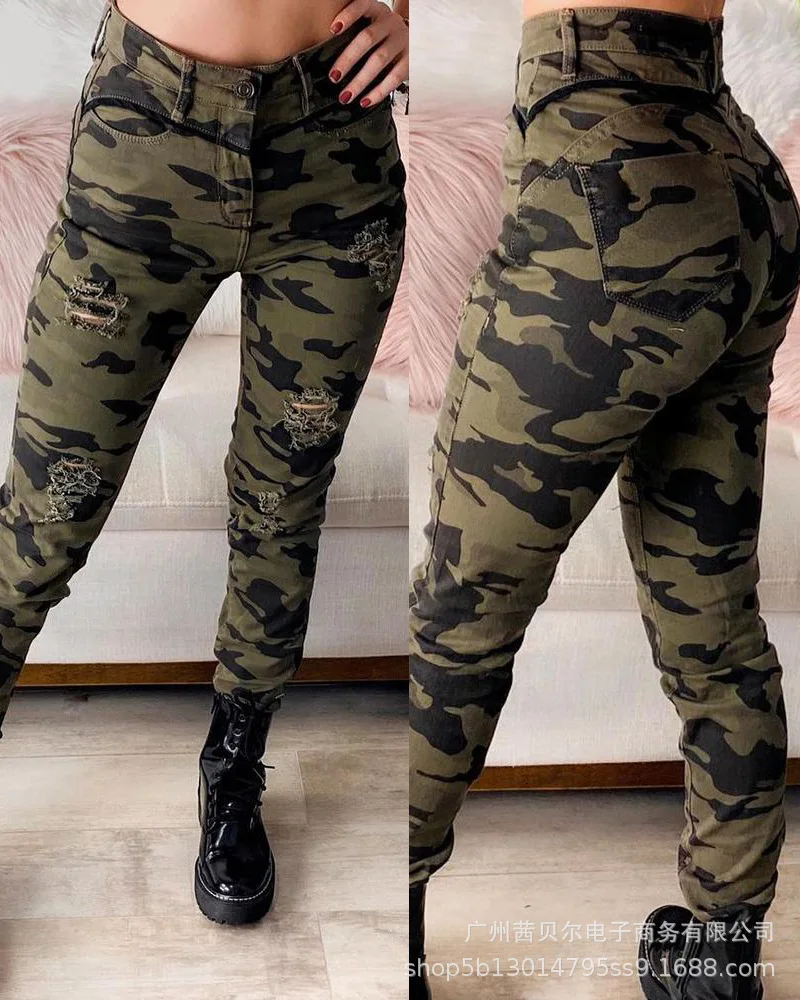 

Mandylandy Womens Casual Skinny Ripped Pants Pencil Trousers Camouflage High Waist Hole Pants