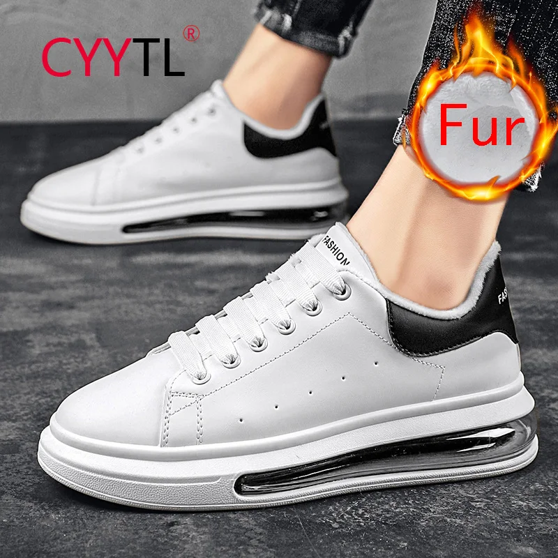 

CYYTL Fashion Men's Air Cushion Fur Lining Winter Sneakers Lightweight Leather Warm Skateboard Shoes Breathable Sports Tennis