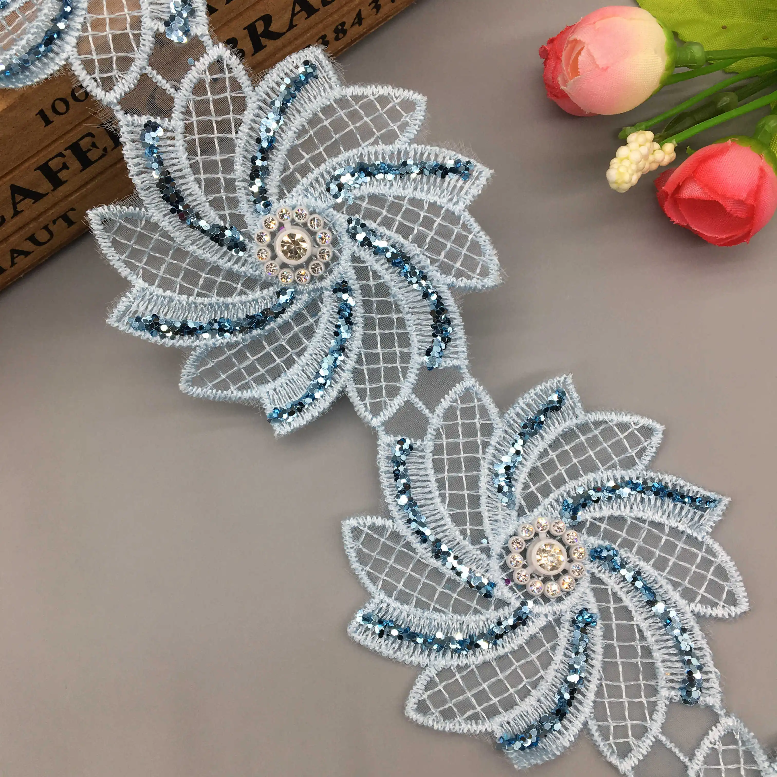 1 ярд 7 5 см синий цветок 3D блестящий вышитый Блестящий ремень ткань шитье