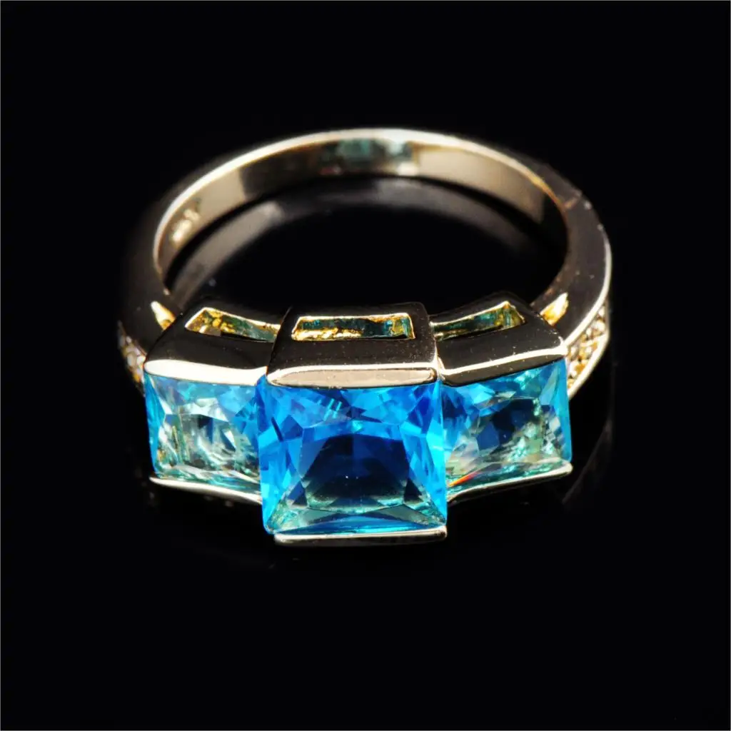 

Luxury Female Crystal Blue Stone Ring Charm Yellow Gold Wedding Rings For Women Promise Bride Square Zircon Engagement Ring