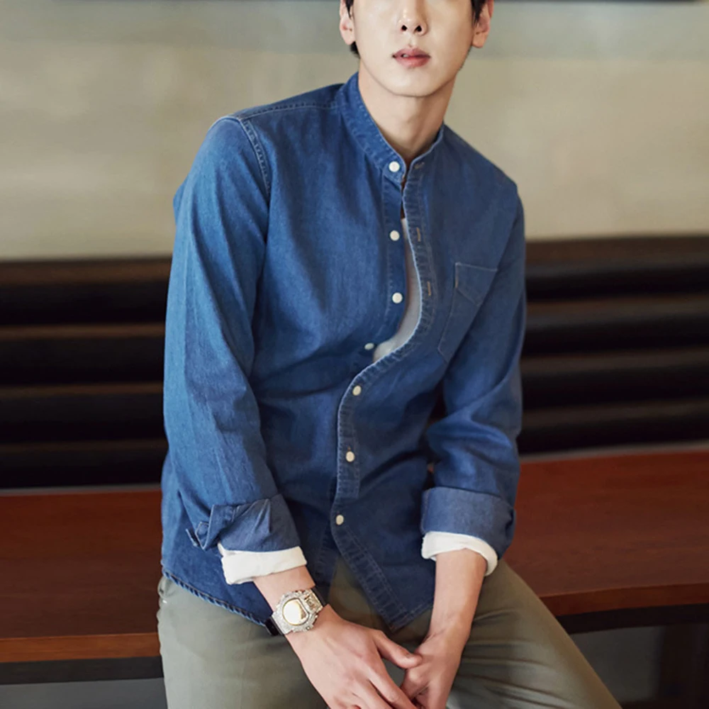 Men Denim Shirt Mens Long Sleeve Soft Cotton Slim Jeans Shirts Male Cowboy Shirt