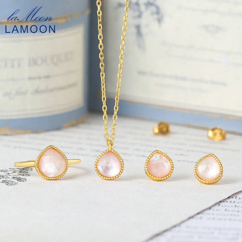 

LAMOON s925 серебро набор украшений для женщин розового цвета персика натуральный белый розовый кристалл оболочки 14K позолоченные жемчужные сер...