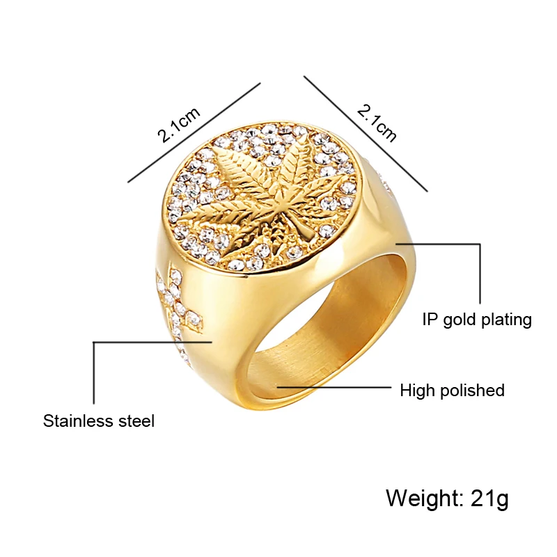 D&Z Iced Out Bling микро проложили Кристалл травка кленовый лист кольцо из нержавеющей стали кольца для мужчин хип хоп рэппер ювелирные изделия
