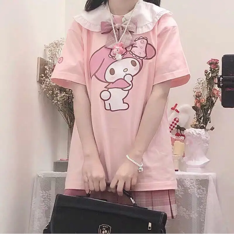 

Summer Japanese Short-sleeved Cartoon Print Cute Girl T-shirt Pink Doll Collar Loose Soft Girl Sweet T-shirt Female Student Tide
