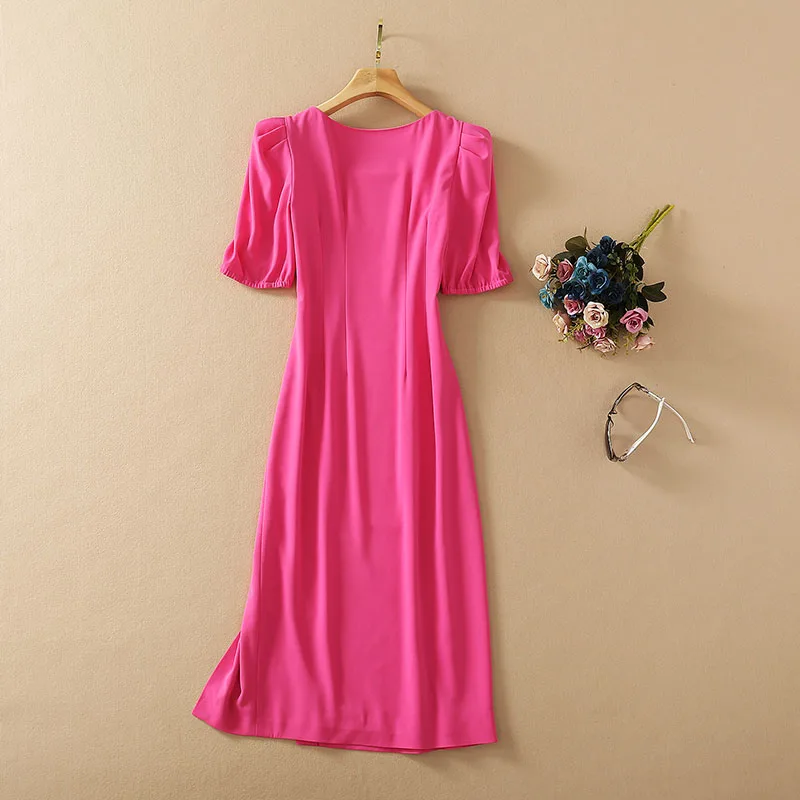 

European High End Runway Woman Hepburn Prom Dress Lady Square Collar Cute Pink Split Midi Female Vestidos