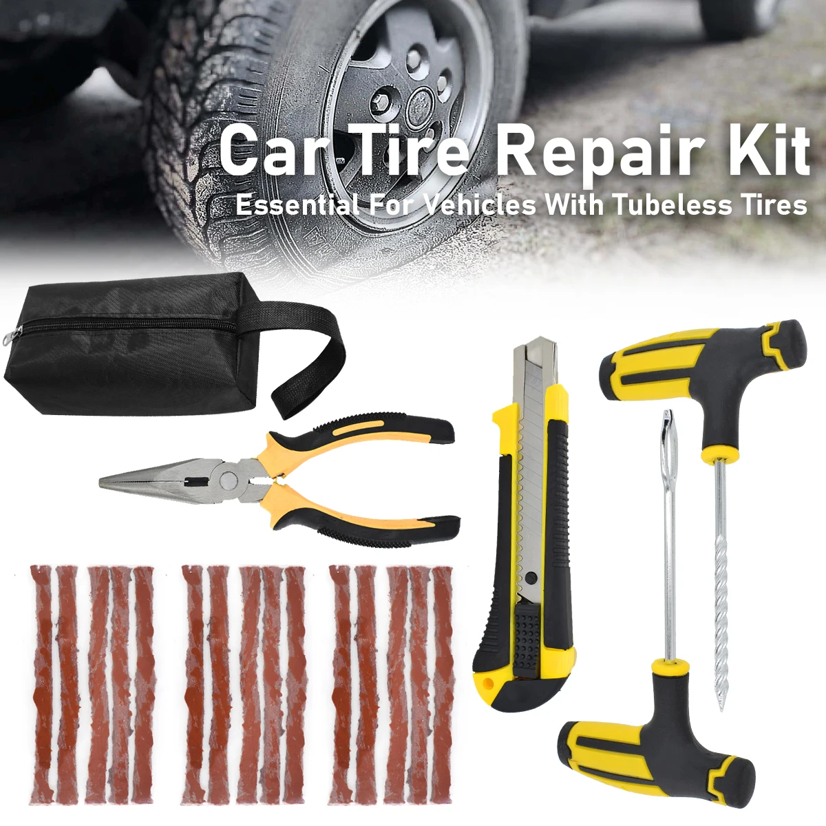 

Car Tire Repair Tool Kit Tyre Studding Tools Set W/ Storage Bag Auto Bike Puncture Plug Garage Needle Nose Pliers Accessories