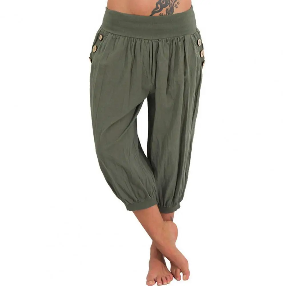 

Casual Capri Pants Solid Color Skin-friendly Comfortable Lantern Shape Loose Casual Women Solid Color Bloomers for Home