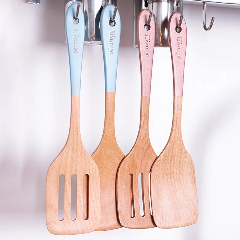 

Kitchen Simple Wooden Spatula Beech Wood Non-Stick Cookware Creative Color Handle Kitchenware