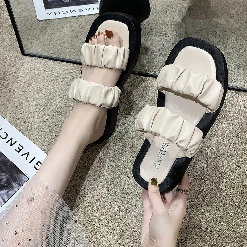 

2021 Summer Square Toe Women's Slippers Ladies Pu Leather Wateproof Shallow Shoes Female Flats Flatform Fashion Sandals Pleated