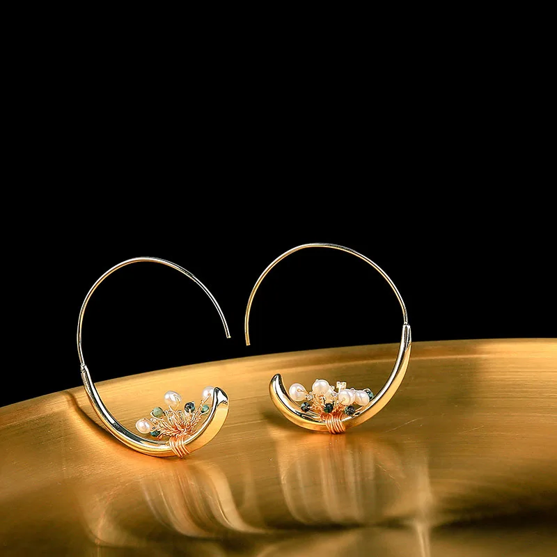 New Arrival Bohemia Woman's Hoop Earrings with White Freshwater Pearls Natural Stones for Woman Best Gift Size 42*35mm | Украшения и
